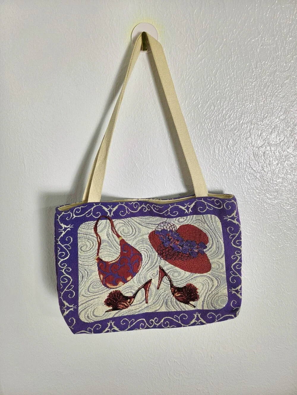 Cream & Purple Tapestry Style Tote Bag with Purse, Hat, Red Heels on Both Sides